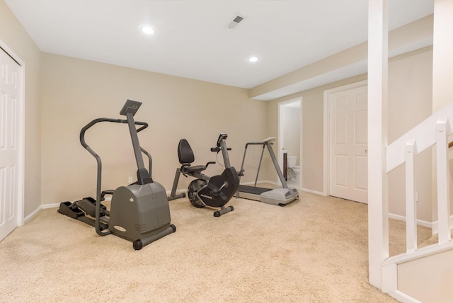 exercise room featuring light carpet