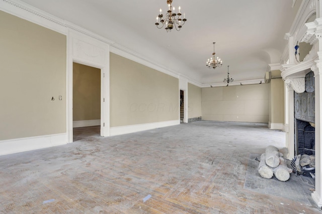 unfurnished living room with crown molding and a chandelier