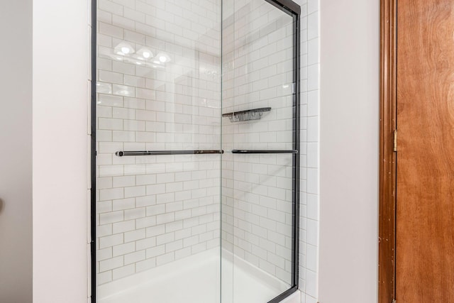 bathroom featuring a shower with shower door