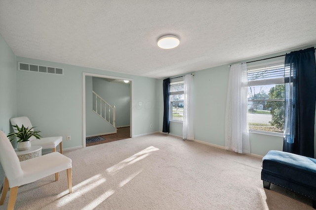 sitting room with carpet floors and a textured ceiling