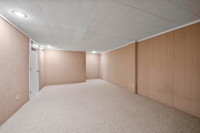 basement with carpet flooring and wood walls