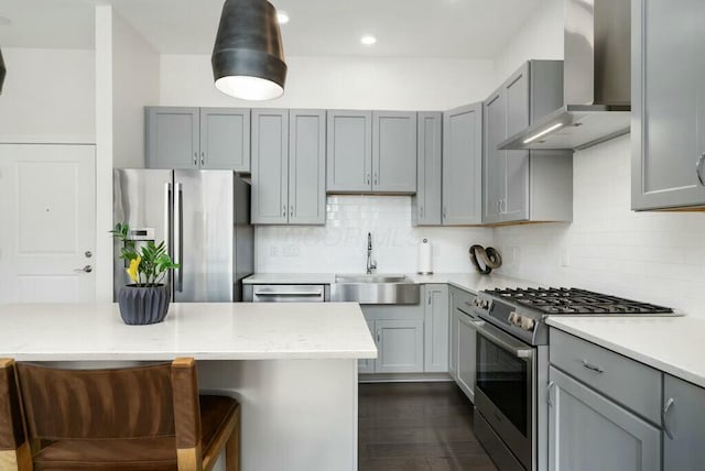 kitchen featuring wall chimney exhaust hood, stainless steel appliances, sink, and tasteful backsplash