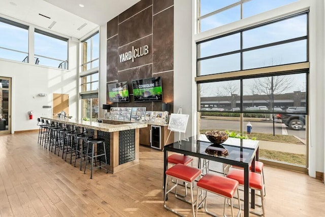 kitchen featuring a towering ceiling, light hardwood / wood-style floors, a breakfast bar, and a healthy amount of sunlight