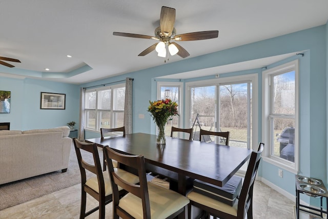 dining area with a tray ceiling and ceiling fan