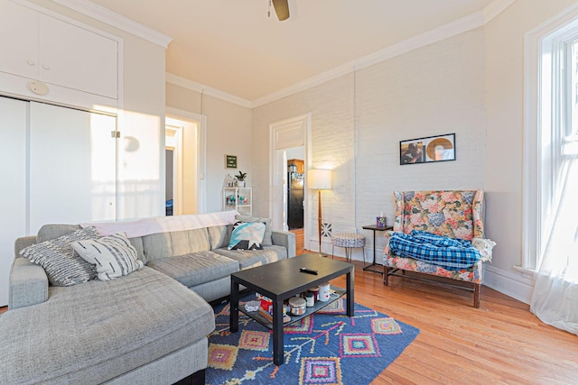 living room with hardwood / wood-style flooring, crown molding, and ceiling fan