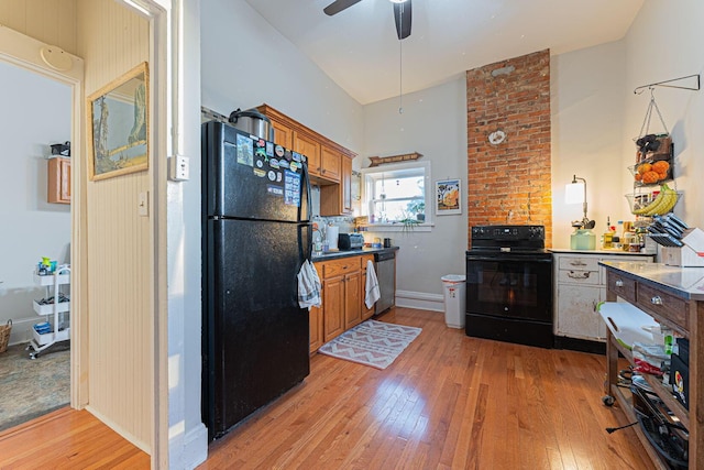 kitchen with black appliances, light hardwood / wood-style floors, and ceiling fan