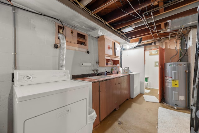 clothes washing area with washer / clothes dryer, electric water heater, and sink