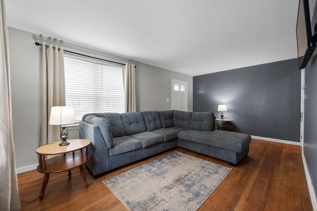 living room with dark hardwood / wood-style floors