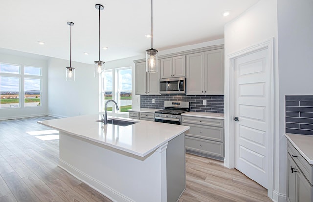 kitchen featuring a sink, backsplash, light wood-type flooring, and stainless steel appliances