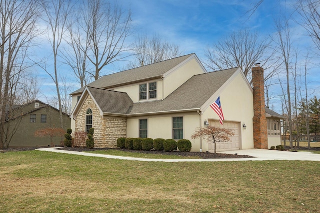 view of front of house featuring stone siding, stucco siding, and a front lawn