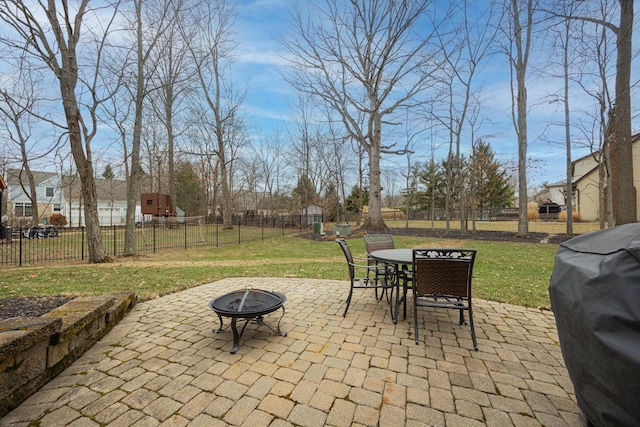 view of patio / terrace with a grill, a fire pit, and a fenced backyard