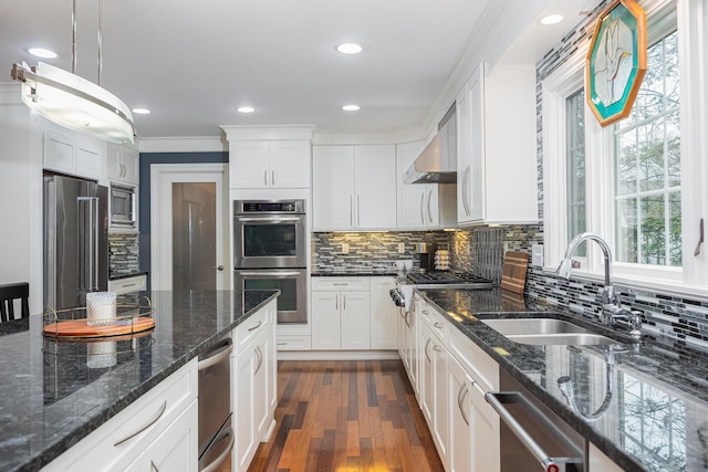 kitchen with a sink, white cabinets, dark wood-style flooring, and stainless steel appliances