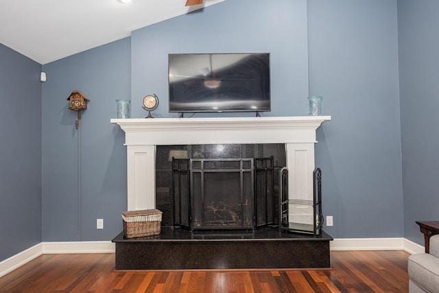 details with a fireplace, wood finished floors, and baseboards