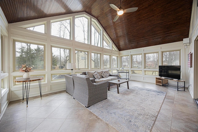 sunroom with ceiling fan, wooden ceiling, and lofted ceiling