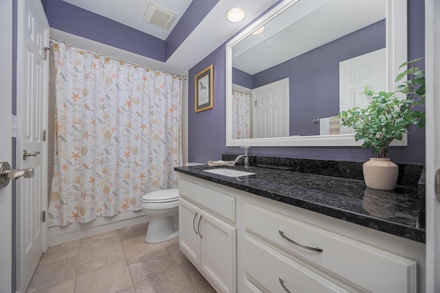 full bathroom with vanity, visible vents, shower / bath combination with curtain, tile patterned floors, and toilet