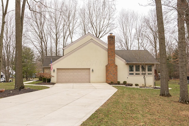 view of front of house featuring stucco siding, concrete driveway, a front yard, a garage, and a chimney