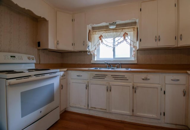 kitchen with a sink, white range with electric stovetop, and white cabinetry