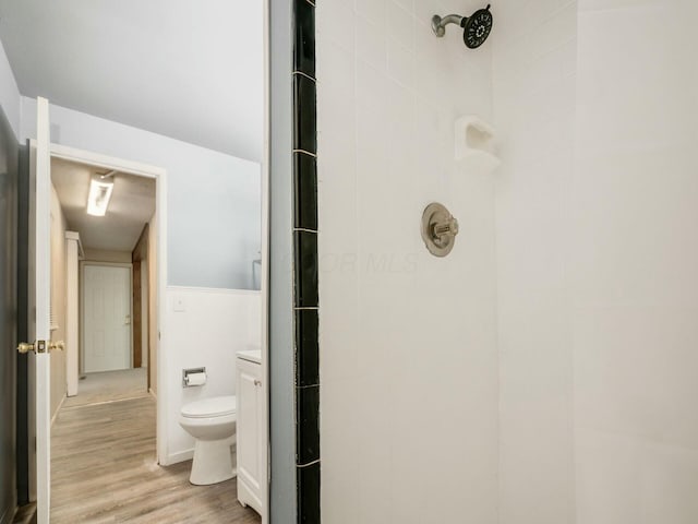 bathroom featuring vanity, hardwood / wood-style flooring, toilet, and tiled shower