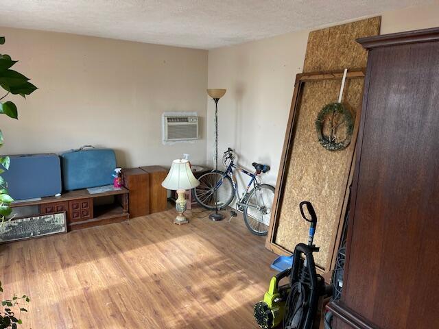 misc room featuring hardwood / wood-style flooring, a textured ceiling, and an AC wall unit