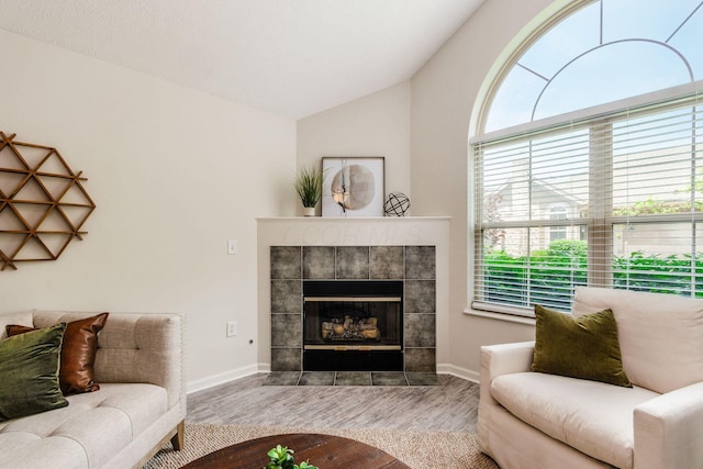 4248 Bridgelane Pl Unit 8-4248, New Albany, OH 43054 - living room featuring wood finished floors, a fireplace, and vaulted ceiling
