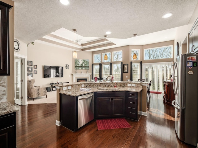 kitchen featuring sink, appliances with stainless steel finishes, a raised ceiling, pendant lighting, and light stone countertops