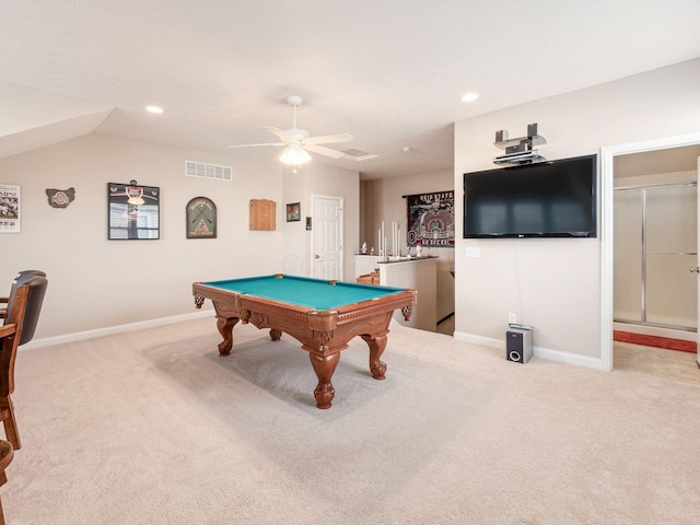 playroom featuring ceiling fan, light colored carpet, lofted ceiling, and billiards