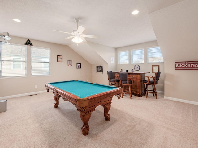 recreation room featuring ceiling fan, indoor bar, pool table, and carpet floors