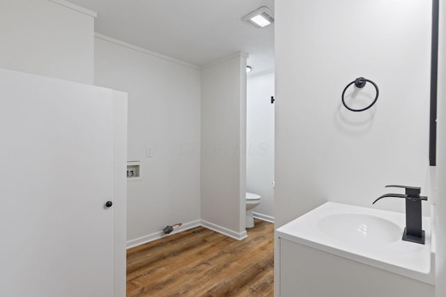 bathroom with vanity, wood-type flooring, and toilet