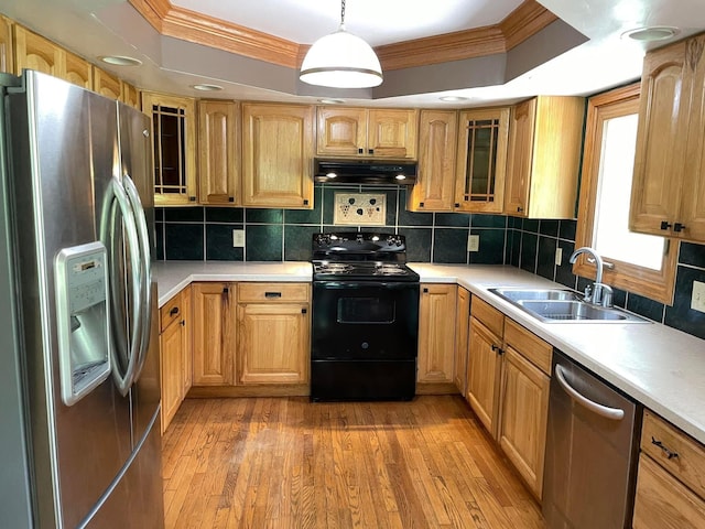 kitchen with sink, crown molding, light wood-type flooring, appliances with stainless steel finishes, and pendant lighting