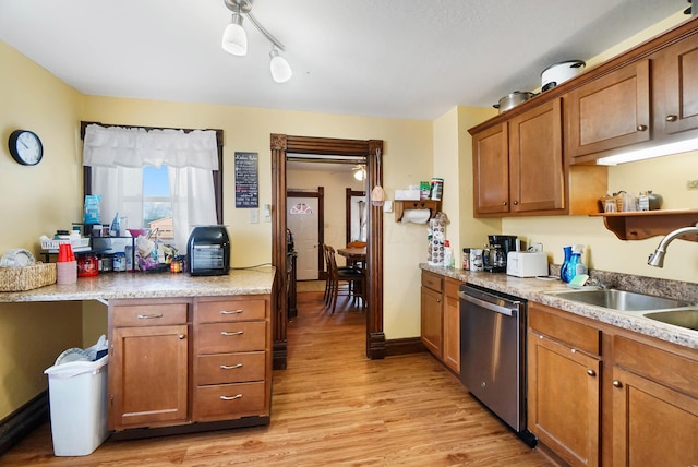 kitchen with sink, stainless steel dishwasher, and light wood-type flooring