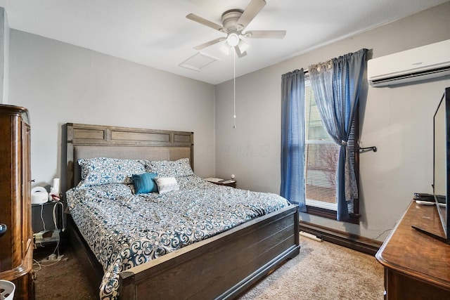 bedroom with light colored carpet, an AC wall unit, and ceiling fan