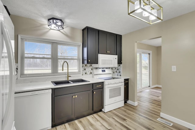 kitchen with sink, white appliances, a wealth of natural light, and light hardwood / wood-style floors