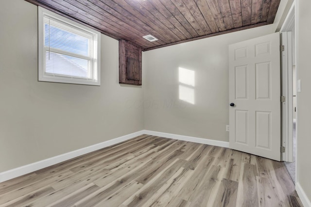 empty room featuring light hardwood / wood-style flooring and wooden ceiling