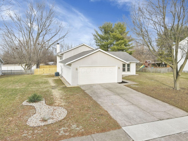 view of front of house featuring a playground, a garage, central AC, and a front lawn