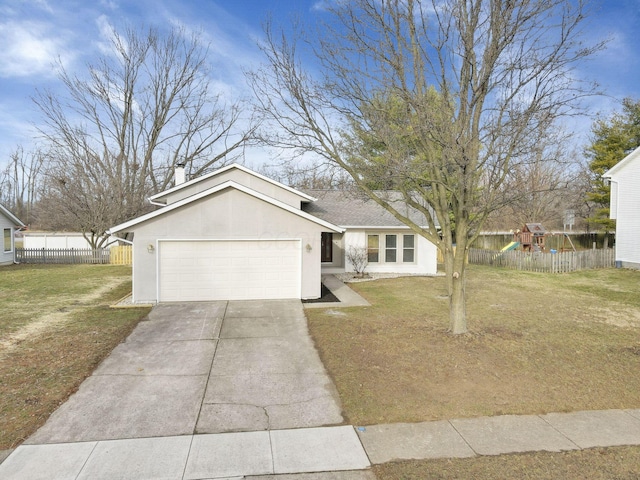 view of front of house with a garage, a playground, and a front yard