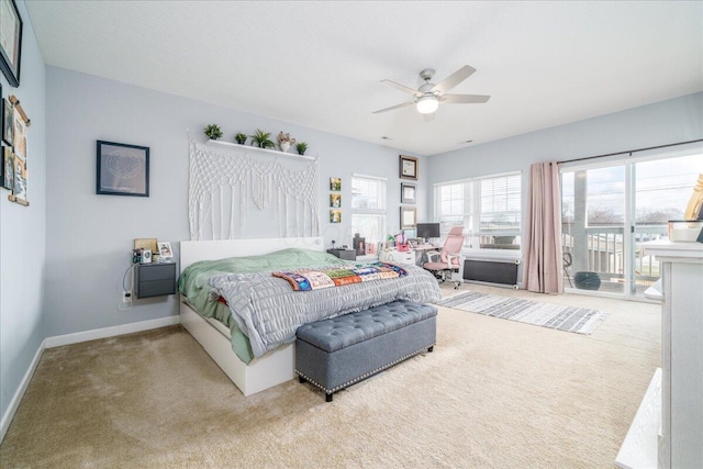 bedroom with carpet floors, access to outside, baseboards, and ceiling fan