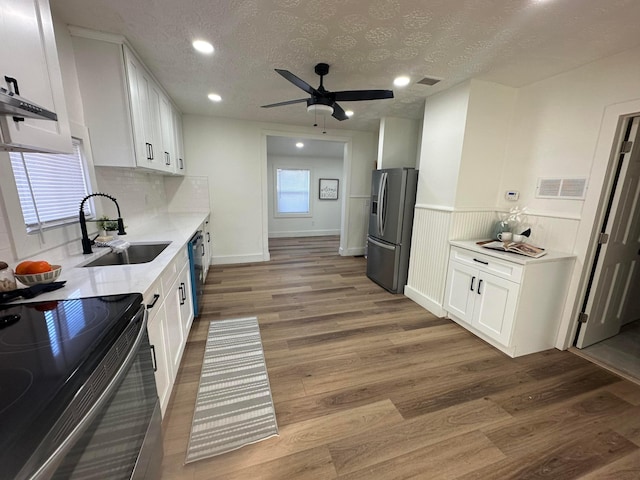 kitchen featuring sink, stainless steel appliances, hardwood / wood-style floors, and white cabinets