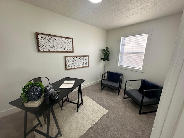 carpeted home office featuring a textured ceiling