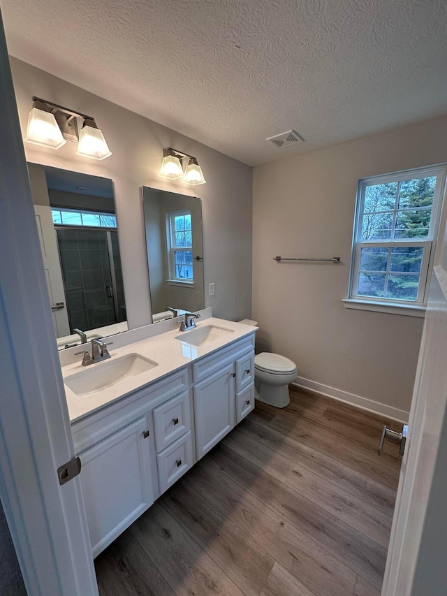 bathroom featuring vanity, a wealth of natural light, hardwood / wood-style floors, and a textured ceiling