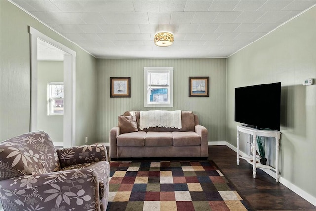 8899 Walnut St, Lakeview, OH 43331 - living room with crown molding, a healthy amount of sunlight, and dark hardwood / wood-style flooring
