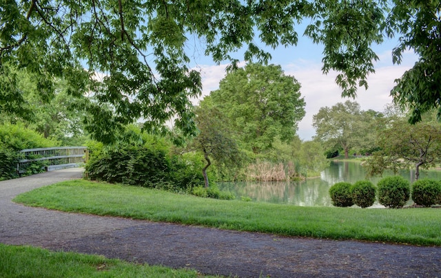 view of home's community with a water view and a lawn