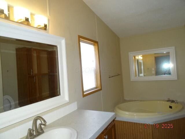 bathroom with vanity, a washtub, and vaulted ceiling