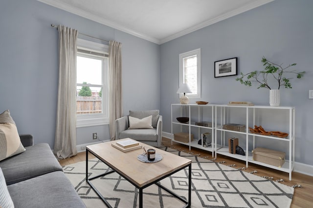 sitting room featuring ornamental molding and light wood-type flooring