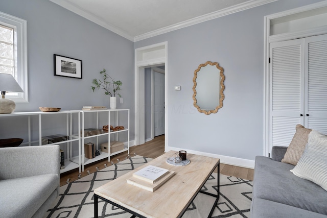 living room featuring crown molding and light hardwood / wood-style flooring