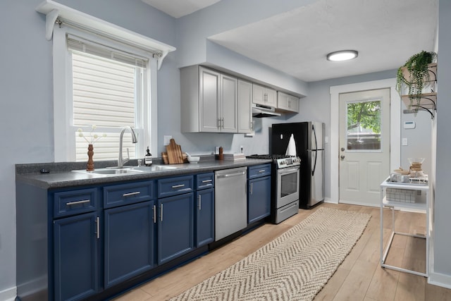 kitchen with stainless steel appliances, sink, blue cabinetry, and light hardwood / wood-style floors