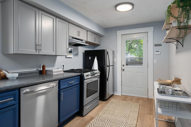 kitchen with light hardwood / wood-style flooring, stainless steel appliances, and blue cabinetry