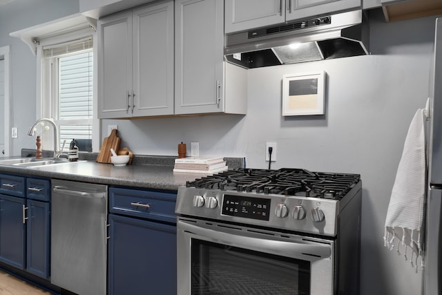 kitchen with sink, stainless steel appliances, and blue cabinets