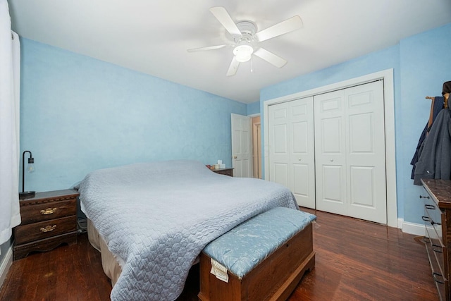 bedroom featuring ceiling fan, dark hardwood / wood-style flooring, and a closet