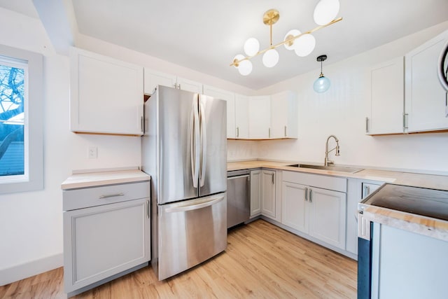 kitchen with pendant lighting, sink, white cabinetry, and stainless steel appliances