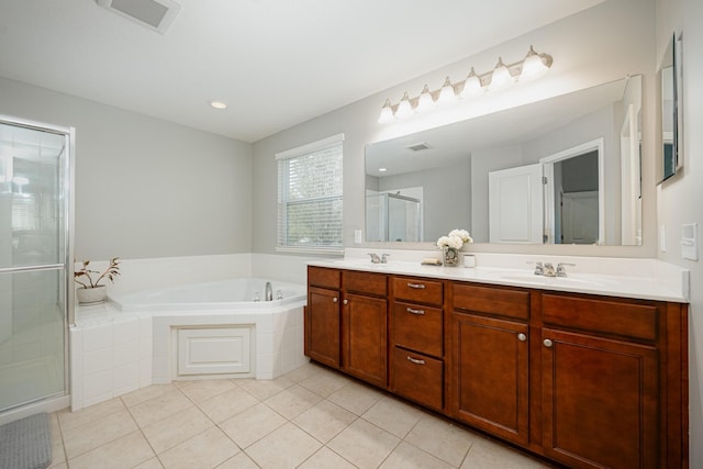 bathroom with vanity, separate shower and tub, and tile patterned flooring